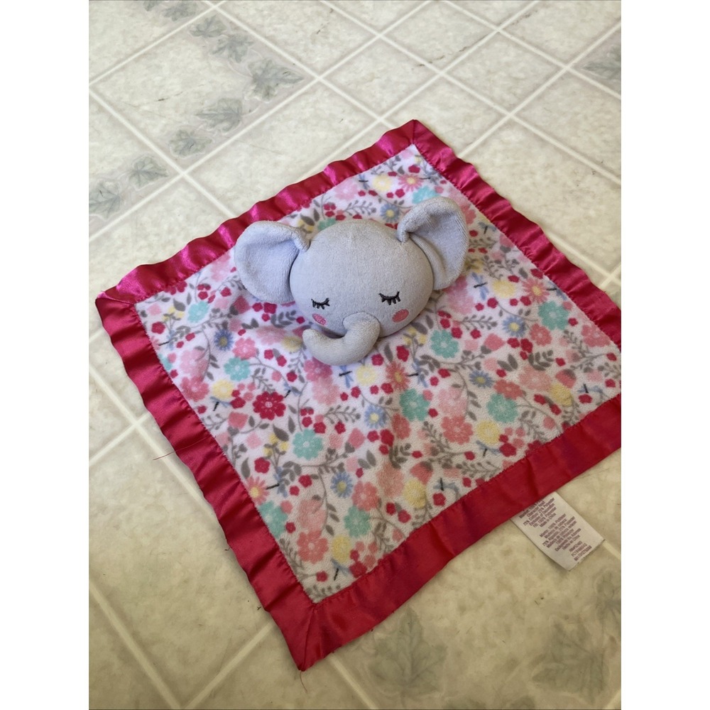 Parent's Choice Elephant Security Blanket Lovey Pink Floral Satin Trim Backing